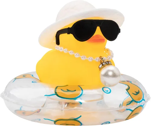 Miniatura 9 de wonuu Pato de goma para automóvil, decoración de pato amarillo con sombrero para el sol, anillo de natación, collar, gafas de sol para decoración