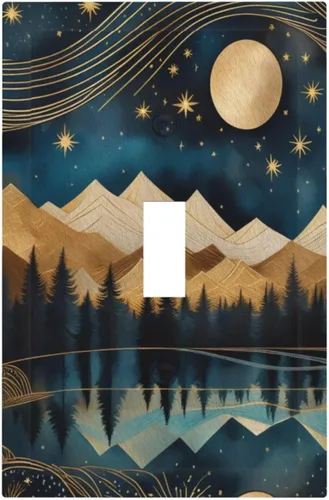 Miniatura 94 de Abstracto Boho Oro Montaña Luna Estrella Cielo Nocturno Lago, Cubiertas de Tomacorrientes, Cubiertas de Interruptor de Luz Basculante Individual