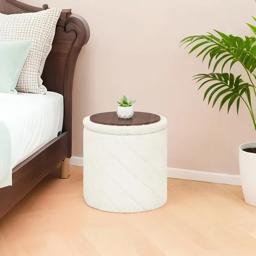 Miniatura 4 de B FSOBEIIALEO Otomana con almacenamiento, Otomana redonda de bouclé con bandeja, taburete reposapiés para dormitorio, sala de estar, blanco, 32,99
