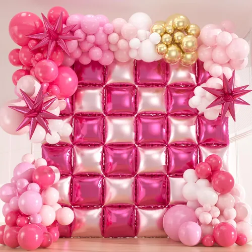 36 globos rosa intenso de papel aluminio cuadrados de doble cara para decoración de pared con kit de arco de 188 globos rosa y globos de mylar con