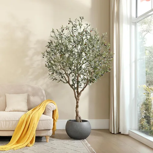LOMANTO - Árboles de olivo artificiales para interiores, 7 pies de alto, plantas de olivo artificiales altas, árbol de olivo falso de seda en maceta