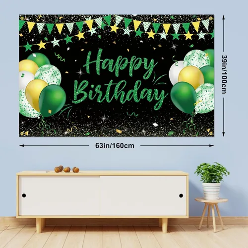Miniatura 3 de Cartel de fondo de feliz cumpleaños verde dorado y negro para niños, hombres y mujeres, aniversario, fiesta de cumpleaños, fotos, fondo de cabina