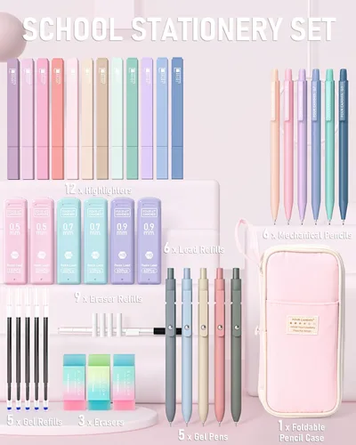 Miniatura 6 de Four Candies 39 piezas de suministros escolares estéticos con bonito estuche para bolígrafos, 12 resaltadores pastel, 5 bolígrafos de gel de tinta