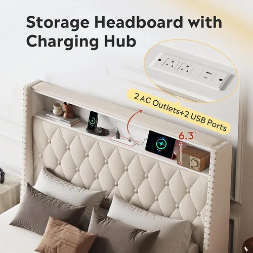 Miniatura 3 de WLIVE Base de cama tapizada de tamaño matrimonial con cabecera de ala de 48 pulgadas de alto, cama cuadrada de terciopelo con estación de carga