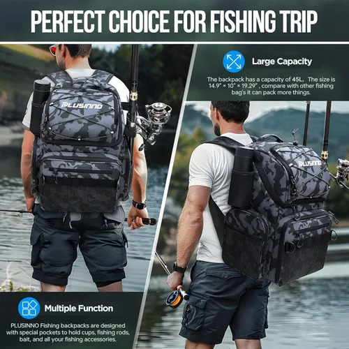 Miniatura 7 de PLUSINNO - Mochila de pesca con portacañas y enfriador de 45L, mochila grande resistente al agua para aparejos de pesca, ideal para guardar