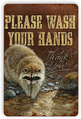Vintage Women Raccoon Please Wash Your Hands Bathroom Office Poster Metal Aluminium Tin Sign 8x12 Inch Wall Decor