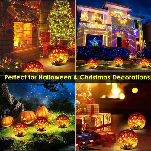 Miniatura 2 de 2 Pack 60 LED Luces solares de jardín para exterior, decorativas, luces de globo de vidrio agrietado con gradiente rojo, luces de bola impermeables