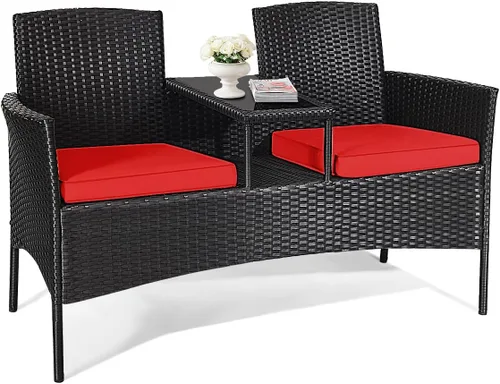 LDAILY Juego de conversación para patio, sofá biplaza de ratán moderno, juego de muebles para exteriores con cojines y mesa extraíbles, juego de Rojo