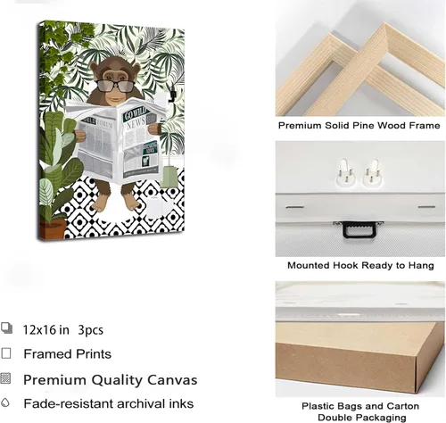 Miniatura 6 de 3 piezas de lienzo de animales de la selva para baño, arte de pared de cebra en la bañera, imágenes de mono león en el inodoro, lectura