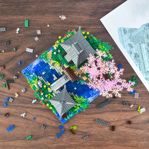 Miniatura 5 de Vziimo Juego de micro bloques de construcción de árbol bonsái de cerezo, arquitectura china, kits de estanque de flor de melocotón, árbol de sakura