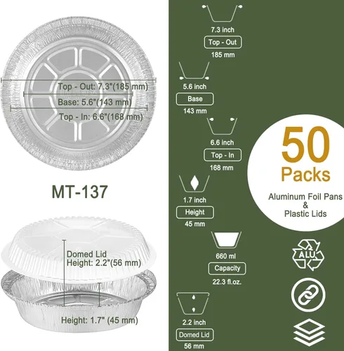 Miniatura 4 de Sartenes redondos de papel de aluminio de 7 pulgadas con tapas transparentes, paquete de 50 Apto para horno y congelador, diseño desechable, ideal
