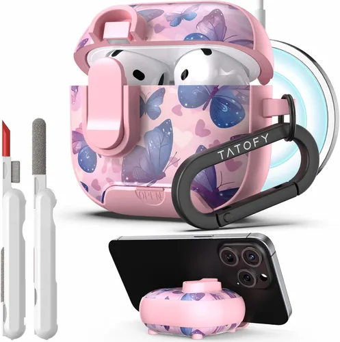 TATOFY Funda para AirPod de 4ª Generación con Soporte para Teléfono, Mosquetón con Cerradura y Kit de Limpieza, Funda Rígida Floral a Prueba de