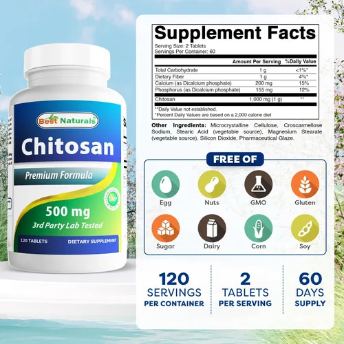 Miniatura 2 de Best Naturals- Quitosano- 500 mg- 120 Tabletas