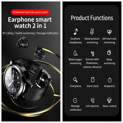 Miniatura 2 de Tuanzi JM03 2 en 1 Reloj inteligente con auriculares 1.28 "Smartwatch TWS HiFi Stereo Wireless Headset Combo Bluetooth Phone Call para Android iOS