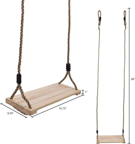 Miniatura 2 de Hey! Play! Columpio de madera, asiento de banco plano para exteriores con cuerda ajustable de nailon para colgar para niños, marco o árbol, juguete