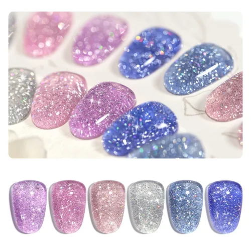 Miniatura 11 de GAOY Juego de esmalte de uñas de gel con brillantina reflectante de 6 colores, incluye colores rosa, plateado, rojo, verde, kit de esmalte de gel