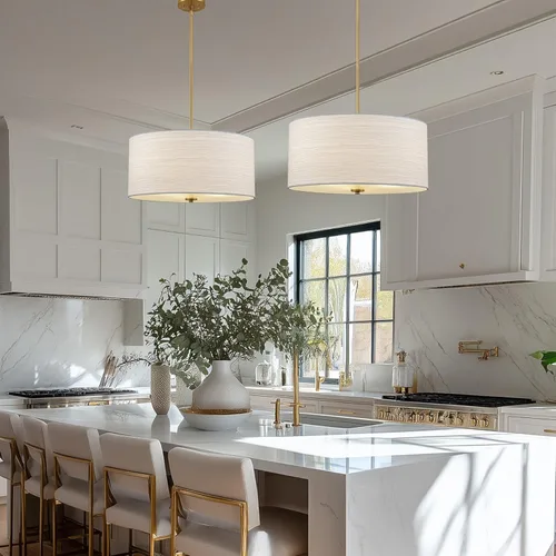 Miniatura 3 de Kira Home Pearl - Lámpara colgante moderna de tambor grande de 18 pulgadas, 3 luces, pantalla texturizada blanca + difusor de vidrio, altura Latón