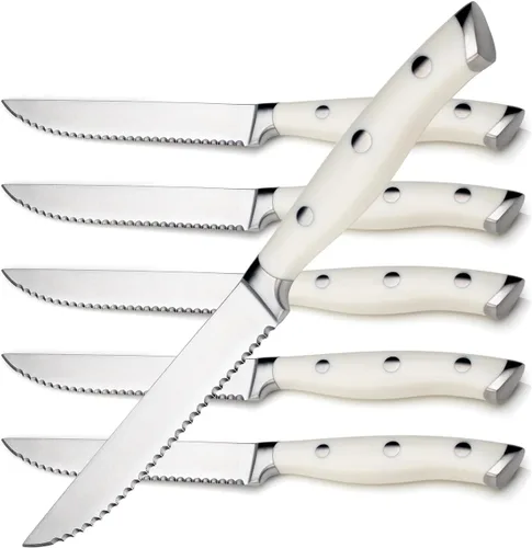 Miniatura 17 de Alata Juego de cuchillos para carne de 8 piezas, 4.7 pulgadas con borde dentado, cuchillos afilados para cena, construcción de espiga completa Negro