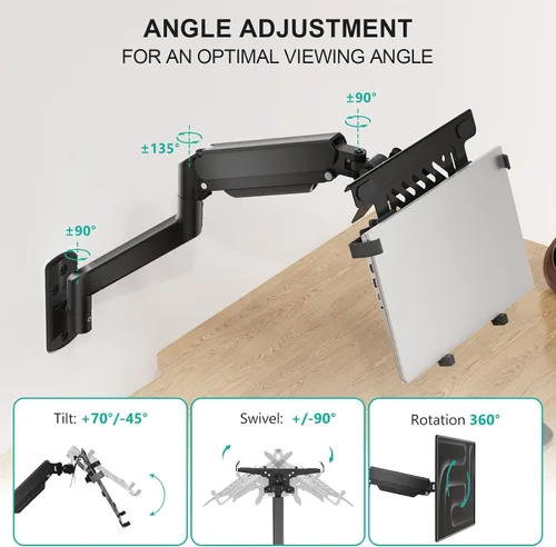 Miniatura 4 de WALI Soporte de pared para laptop, brazo de laptop totalmente ajustable para portátiles de 10 a 17 pulgadas, soporte de pared para monitor 2 en 1
