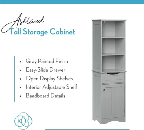 Miniatura 5 de RiverRidge, Grey Ashland - Gabinete de almacenamiento independiente para baño con tres estantes abiertos y cajón