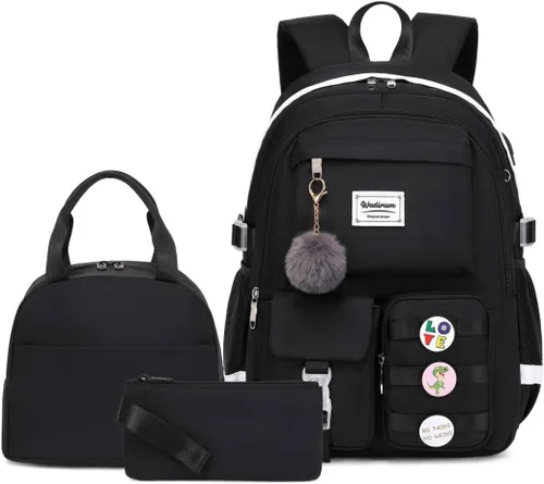 Wadirum Conjunto de mochila casual para mujer, conjunto de mochila escolar para niña, lindo portátil Ruaksack, Negro, Mediana, Mochilas de mochila