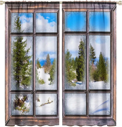Miniatura 32 de Cortinas de paisaje, ventana tropical con vista al mar, océano, playa, barco, cortinas con estampado de palmeras para dormitorio, sala de estar, Mar