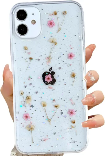 Miniatura 17 de LSEEKA Funda transparente para iPhone 13 Mini/iPhone 12 Mini con diseño de flores reales prensadas, con purpurina, bonito patrón floral blanco, Oro