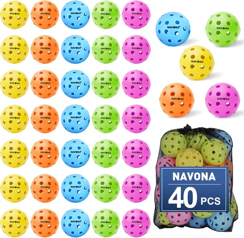 Navona Paquete de 40 pelotas de pickleball multicolor de 40 agujeros para exteriores, cumple con los requisitos oficiales de USAPA, perfectamente