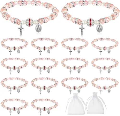 Junkin Beaded Stretch Rosary Bracelet with Mesh Bags Catholic Bracelets for Women Girls Religious Rosary Bead Bracelet Pink Bracelet Crucifix Medal