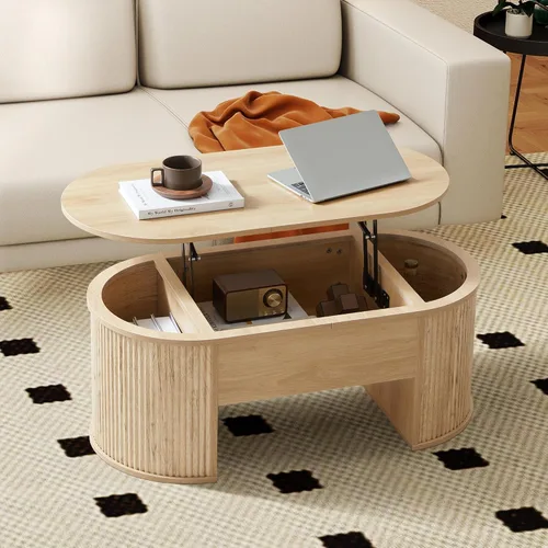 Miniatura 10 de ORRD Mesa de centro elevable, mesa de centro acanalada con parte superior elevable, mesa de comedor de madera con compartimento oculto, mesa central