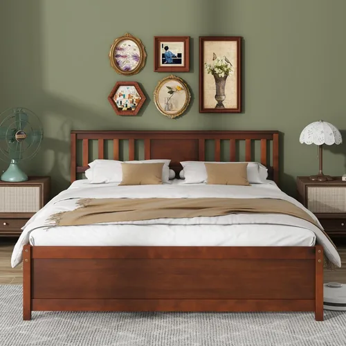 Miniatura 10 de Giantex Marco de cama de plataforma de madera maciza de tamaño matrimonial, marco de cama matrimonial de mediados de siglo con cabecero, soporte