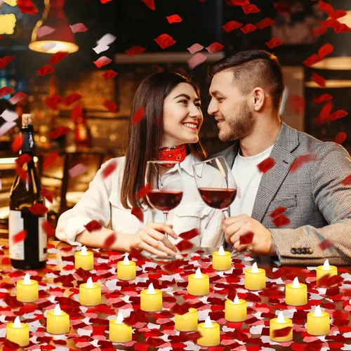 Miniatura 2 de Coume 6000 pétalos de rosa artificiales con 72 velas LED sin llama, decoraciones románticas, velas falsas, decoraciones de aniversario para el día