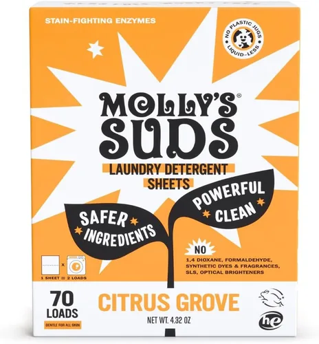 Molly's Suds Hojas de detergente para ropa | Suave con la piel sensible, potentes enzimas de base biológica, lucha contra las manchas | Embalaje sin