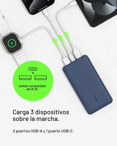 Miniatura 4 de Belkin Cargador portátil, banco de energía USB C de 10000 mAh con 2 puertos USB-A, 15 W con cable tipo C a tipo A - iPhone 17, Air, Pro, Pro Max