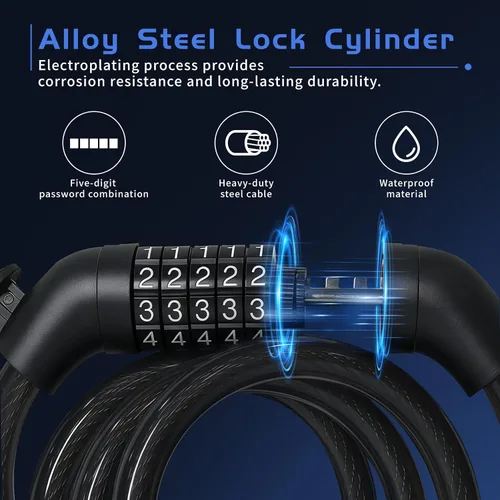 Miniatura 4 de Juego de 10 cerraduras de cable de acero reiniciables de 5 dígitos de 43.3 pulgadas, cerradura de bicicleta enrollable para motocicleta, bicicleta