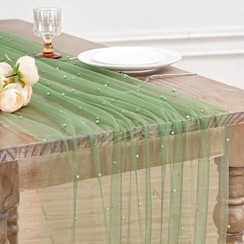 Miniatura 13 de LuoluoHouse Camino de Mesa de Perla para Centros de Mesa de Boda: Camino de Mesa de Perla de 10 pies, Decoración de Mesa de 29x120 Pulgadas de Tul