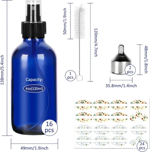 Miniatura 2 de CycleMore, 16 botellas de spray de vidrio azul de 120 ml, 4 oz, con rociadores de niebla fina, botellas de vidrio para viajes para cosméticos, Azul