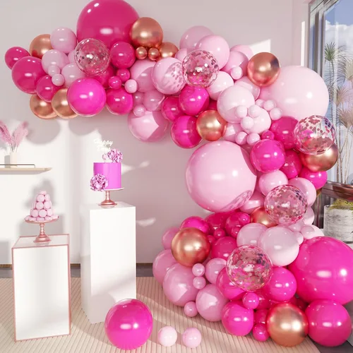 Miniatura 13 de MEBAY Kit de arco de globos negro, rojo y dorado, 141 unidades, globos negros mate, rosa intenso y dorados metálicos, confeti de oro