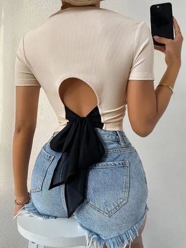 Miniatura 3 de Verdusa Camiseta corta de manga corta con nudo en la espalda para mujer