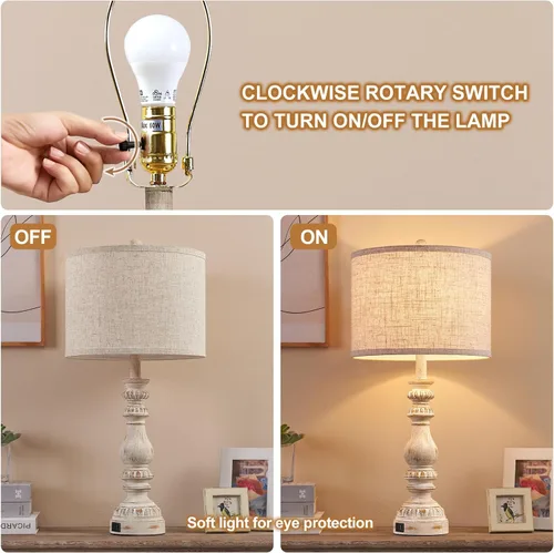 Miniatura 6 de Juego de 2 Lámparas de Mesita de Noche Estilo Granja para Dormitorio con Puertos USB A+C, Lámparas de Mesa Rústicas Vintage de 28" para Sala