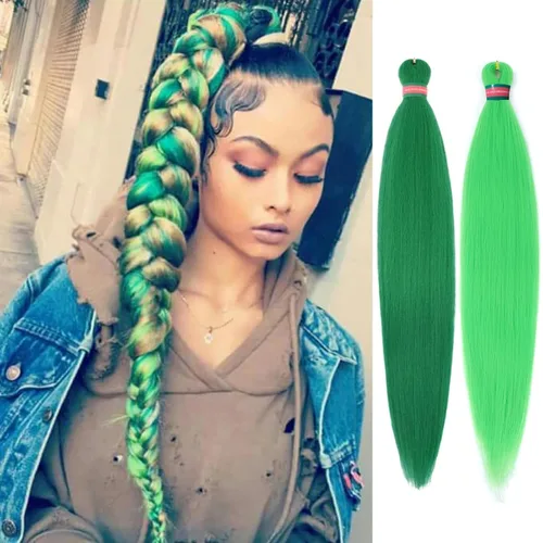 Extensiones de cabello para trenzar verde+verde claro, preestiradas, 2 paquetes, con cabello plumoso pre-trenzado, extensiones de cabello para