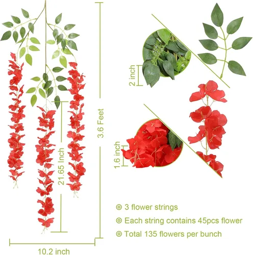 Miniatura 2 de U'Artlines Paquete de 24 (total de 86.4 pies) de imitación de glicina artificial de vid de ratán, guirnalda colgante de flores de seda para Rojo