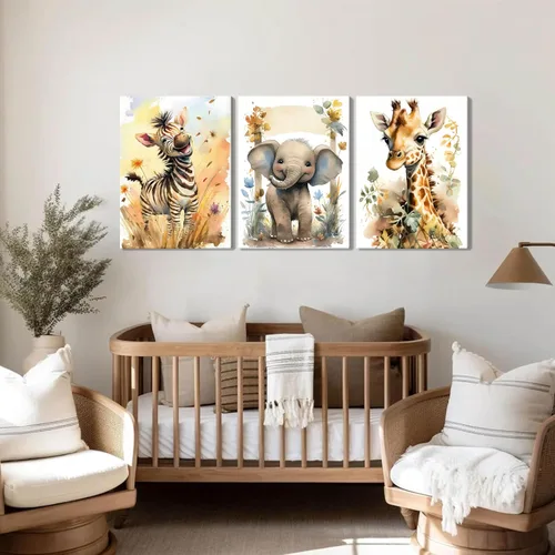 Miniatura 2 de Juego de 3 Arte de Pared de Animales del Bosque, Lienzo de Decoración de Pared con Imágenes de Animales Salvajes para Guardería, Lindo Póster