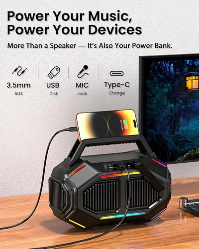 Miniatura 7 de ShellHome Altavoces Bluetooth 6.0 para exterior, altavoz potente de 80 W (máximo) con graves, 30 horas de reproducción, impermeable IPX6, luces RGB
