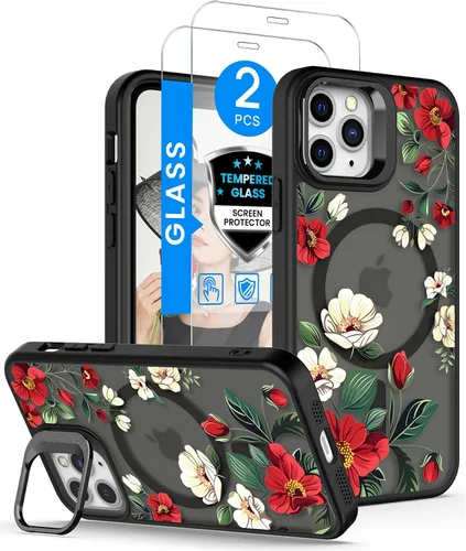 Dretal Magnético para iPhone 11 Pro, Funda Floral, Protector de Pantalla, Anillo de Lente Integrado, Soporte, Protección de Grado Militar, Funda