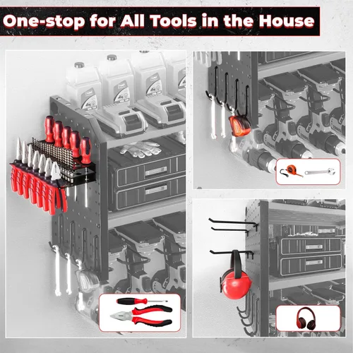 Miniatura 2 de KAFAHOM Organizador de herramientas eléctricas, soporte de pared grande para 8 taladros con 2 tableros de clavijas laterales, estante de Rojo