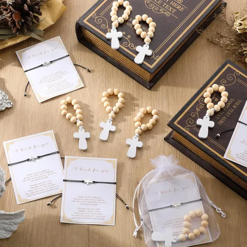 Miniatura 5 de Ecation Recuerdos de bautismo para invitados, rosario de madera con dedo, mini pulsera de cruz de rosario, pulseras religiosas y bolsas de organza