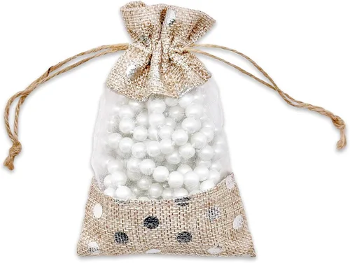 Miniatura 2 de Paquete de 12 bolsas de regalo pequeñas de lino, arpillera y organza con cordones (3.5x5.5 pulgadas, lunares beige/plateado) - Recuerdos de fiesta
