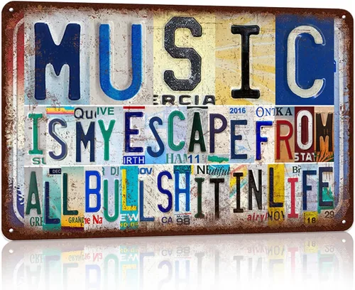 Letrero de Pared Vintage para Decoración de Sala de Música, Letrero de Metal de Hoja de Estaño - la música es mi escape de toda la mierda en la vida