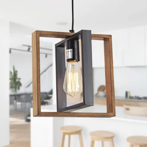 Miniatura 9 de Lámpara colgante negra de granja, candelabro pequeño de 1 luz, lámpara de comedor de madera con cable ajustable, luces colgantes para pasillo, isla